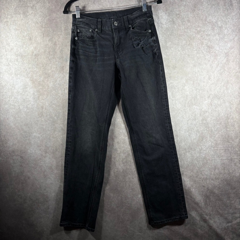 American Eagle Jeans Womens 0 Black Mom Jean Distressed‎ Stretch Real Good